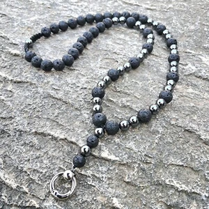 Herren Perlenkette Lavastein Ring Verschluss Schwarz Halskette Manner Geschenke - Bild 1 von 6