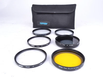 6 Tiffen 77mm Filters +1, +2, Yellow 12, ProMist 2, Center Spot, UV + Case #PS - Image 1 of 4