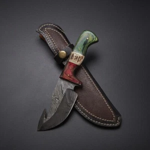 Handgefertigt Damaststahl Darm Haken Messer mit Lederbezug Geschenk für Ehemann - Bild 1 von 3