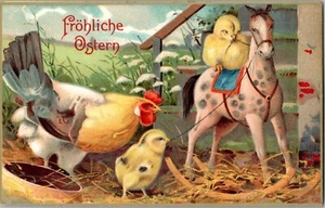 RARE Easter Chicks Rocking Horse Vintage Postcard GERMAN KC18 - Picture 1 of 2