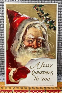 Antique Christmas Postcard 1910 Jolly Santa Gold Foil Embossed w/Postage Signed - Bild 1 von 4