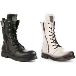 REPLAY Evy Leder Reißverschluss Schnürer Militär Vintage Stiefel Weiß Schwarz - Bild 1 von 13