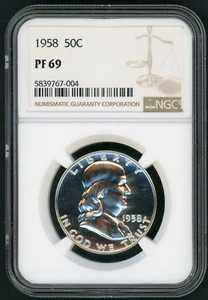 :1958-P 50C FRANKLIN HALF DOLLAR PROOF NGC PF 69(SEMI-CAM) LOW POP R3 HIGH GRADE - Picture 1 of 2