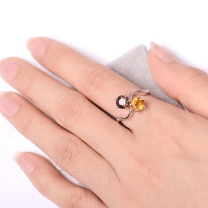 Two Stone Ring Natural Smoky Quartz and Citrine Gemstone 925 Sterling Silver - Picture 1 of 5