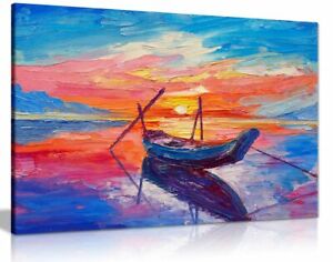 Fishing Boats Sunset Painting Canvas Wall Art Picture Print