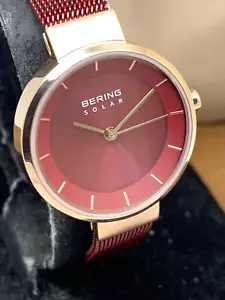 Bering Women's Watch 14627-363 Solar Rose Gold Red Mesh Steel Band 27mm - Picture 1 of 12