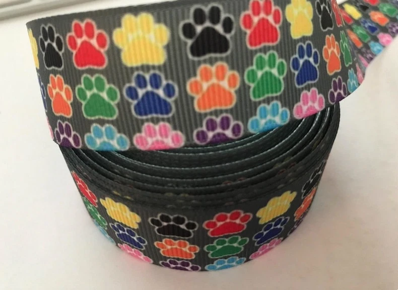 Grosgrain Colourful Paw Print Dog Ribbon 1" 25mm - Image 1 of 1