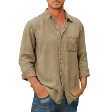 Men Denim Shirt Long Sleeve Turn-Down Collar Button-Up Chest Pocket Casual Top❤