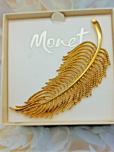 Impresionante Broche Metal Pluma Pluma Tono Dorado MONET De Colección Nuevo En Caja 3.5" - Imagen 1 de 4
