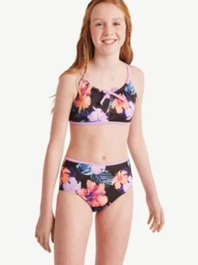 Justice Retro Surf 2 Piece Black Floral Girls Rib Bikini SwimSuit Medium (10) - Picture 1 of 3