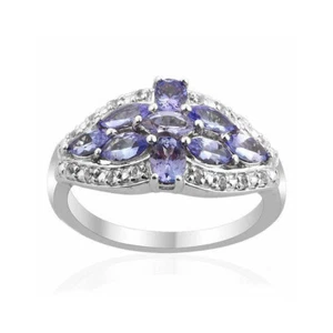 Natural Tanzanite and White Topaz Cluster Ring Sterling Silver 14k White Gold - Picture 1 of 4