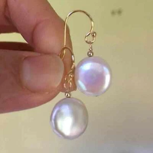 Natural 12mm white button Baroque pearl 14K gold earrings Hook Women CARNIVAL - Picture 1 of 5