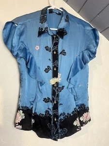 Roberto Cavalli 100% Silk 2008 Main Line Blouse with Chinoiserie Print, Blue 42 - Picture 1 of 12