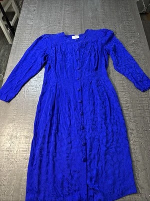 Vintage Adrianna Papell 80s Blue Print Pleated Silk Midi Dress Sz 16 No Belt - Image 1 of 4