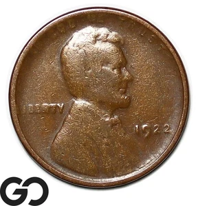 1922 No-D, Lincoln Cent Wheat Penny, Strong Rev. Rare Choice VF++ Key Date Error - Picture 1 of 3