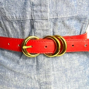 Women's Red Belt Size S Gold Toned Buckle 30" Waist Anne Klein Vegan Leather - Picture 1 of 7