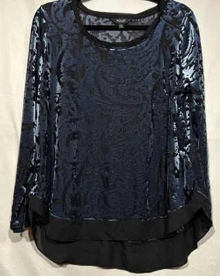 Blue Black Velvet Burnout Whimsygoth Vamp Simply Vera Wang Damask Top PXL - Image 1 of 4