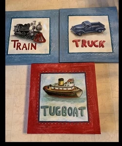 Boys Room Nursery Canvas Wall Art Tugboat Truck Train Red Blue 20x20 - Picture 1 of 5