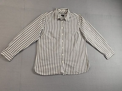 Top Talbots Mujer L Blanco Gris Rayas Manga Larga Cuello Abotonado Exterior Foto 1 de 4