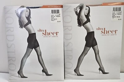 2 Nordstrom Ultra Sheer Control Top Sheer Toe Pantyhose Med Beige/Off Black Sz C - Image 1 of 4
