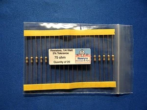 Resistencias, película de carbono, 1/4 vatio, 5%, cable axial, 75 ohmios - CANTIDAD de 20 - Imagen 1 de 1