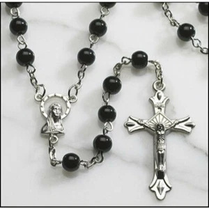 Black Round Glass 6MM Beads Rosary 20" Length Crucifix Virgin Mary Medal - Picture 1 of 1