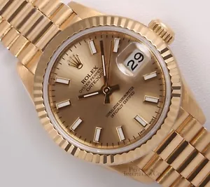 Rolex President Lady 26 mm 18 Karat Gold Uhr - 18 Karat geriffelte Lünette-Champagner Stick Zifferblatt - Bild 1 von 7