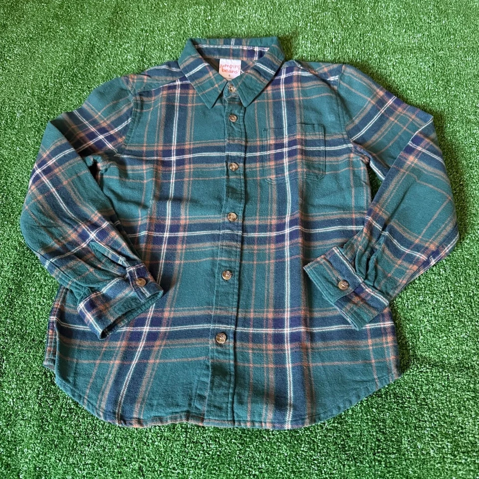 Jumping Beans Button Up Long Sleeve Classic Plaid Green Cotton Shirt Size 8 - Image 1 of 4