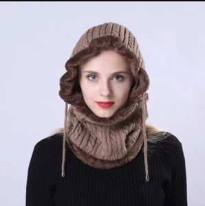 Winter Unisex Knitted Hoodies Scarf With Fur Hats - Picture 1 of 8