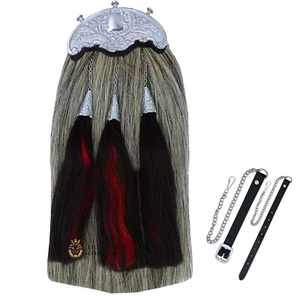 Long Horse Hair kilt Sporran Scottish Bagpipe Pipe Grey Black Thistle Chrome - Picture 1 of 5