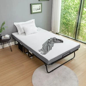 75x45Portable Folding Bed Metal Frame Rollaway Bed w/Memory Foam Mattress&Wheels - Picture 1 of 9