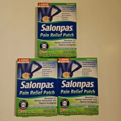 Parche de alivio del dolor Salonpas 9 parches largos mentol/salicilato de metilo X3 exp 2027+ Foto 1 de 2
