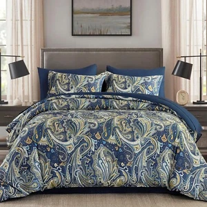 Paisley Comforter Set King Size 7 Piece, Navy and Gold Boho Bed in a Bag, Soft M - Picture 1 of 9