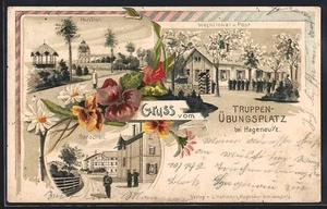 Lithographie Hagenau i. E., Truppen-Übungsplatz, Wachtlokal et Post, Pavillon - Picture 1 of 2