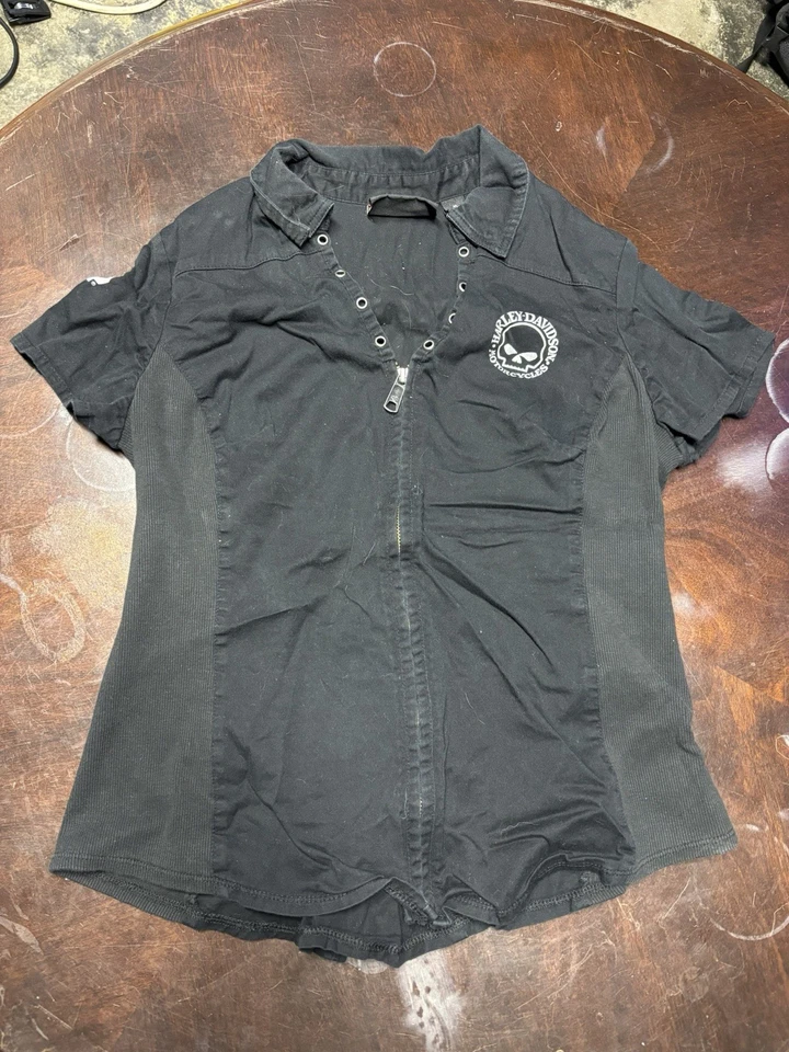 Harley Davidson Skull low Zip Shirt womens Medium Black Back Lace up Corset Tie - Image 1 of 3