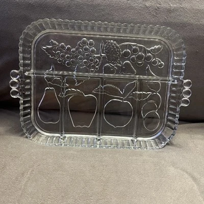 Indiana Glass Crystal 5 Section Relish Serving Tray Fruit Design 12.5”x9” - Image 1 of 4