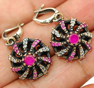 Ottoman Empire Style 2CT Treated Ruby 925 Solid Sterling Silver Earrings BT6-3 - Picture 1 of 2