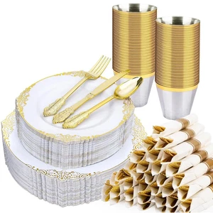 350pc White & Gold Plastic Plates/Plastic Dinnerware Set for 50 Guests - Wedding - Picture 1 of 5