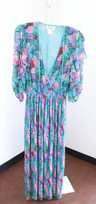 Mono De Colección Diane Freis Azul Teal Floral Lentejuelas Plisado Pierna Ancha Volantes Talla 1X Foto 1 de 4