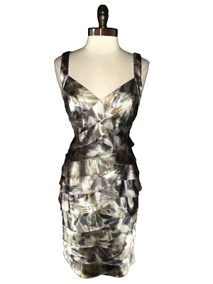 LONDON TIMES Size 14 Sheath Dress Grey Green Floral Tiered Ruffles Sleeveless - Image 1 of 4