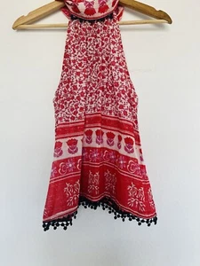 THML transparentes Metallic Neckholder Top Gr. XS rot Bommel Detail Bindeband Ethno Boho - Bild 1 von 11