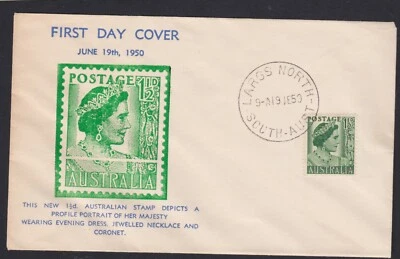 QEII 1950 1 1/2d verde Australia FDC ARTHUR BERGEN CACHET GPO PERTH sin dirección Foto 1 de 2