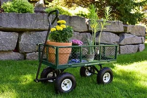 Garden Cart 10-Inch Tires Utility Carts 400-lb. Steel Mesh Gardening Yard Green - Picture 1 of 9
