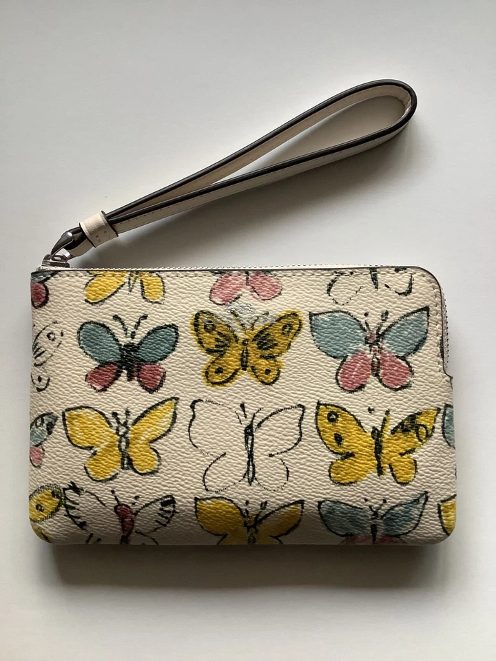 Coach Corner Zip Wristlet Wallet Butterfly Print Canvas Leather Chalk CAQ55