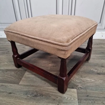 Vintage Retro Turned Wooden Brown Square Foot Stool Rest Pouffe - Velvet Fabric - Image 1 of 4