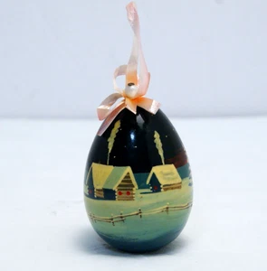 Vintage Hand Painted Wooden Ornament Ukrainian Egg Winter Church Scene Religious - Picture 1 of 6