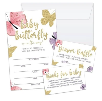 25 Butterfly Baby Shower Invitations Invites Diaper Raffle, Books for Baby Cards - Image 1 of 2