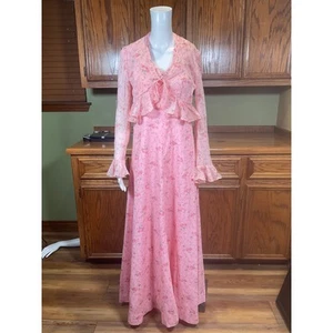 Vintage 70’s Pink Maxi Floral Halter Ruffle Boho Praire Dress Coquette Romantic - Picture 1 of 12