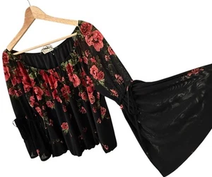 Vtg Romantic Rose Mesh Top Flutter Off Shoulder Dark Fairy Boho Whimsigoth 90s L - Picture 1 of 13