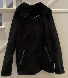 Hardly Worn Reiss Women's sheepskin (suede)  and fur lined Black Jacket Size S - Picture 1 of 6